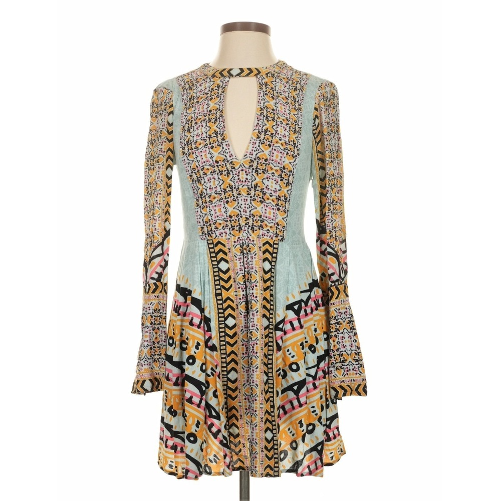Free People Teal Paisley Geometric Fit & Flare Mini Dress Size 0 Boho Plunge